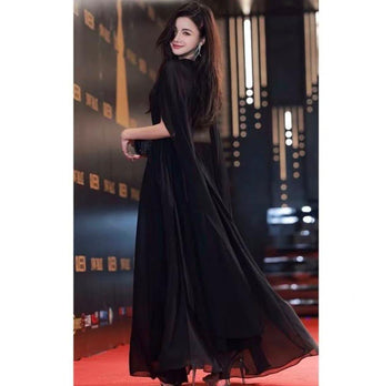 Attire Studio - Black Satin Maxi Dress with Cut-Style Net Sleeves #004