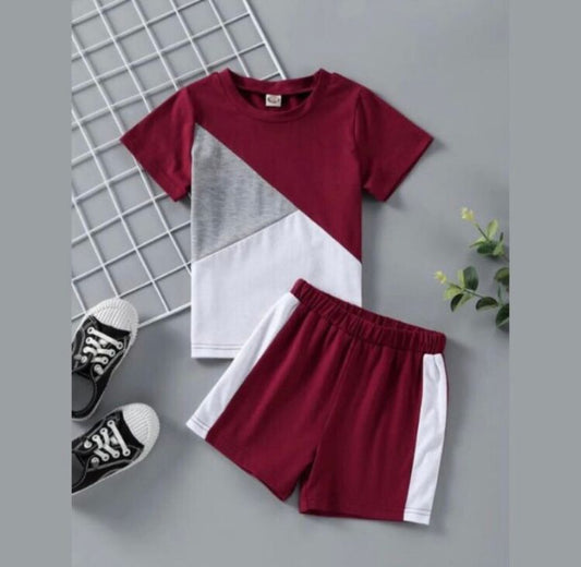 Maroon Panel T-shirt Shorts Set