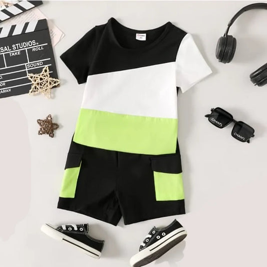 Black Light Green And White Panel T-Shirt Shorts Set