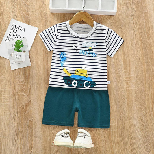 Green White Tank Print Kids Short