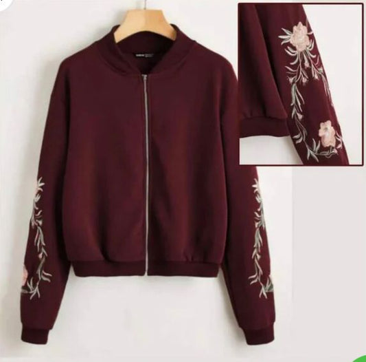 Embroidered Floral Detail Zip Up Bomber Jacket For Women