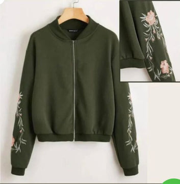 Embroidered Floral Detail Zip Up Bomber Jacket For Women