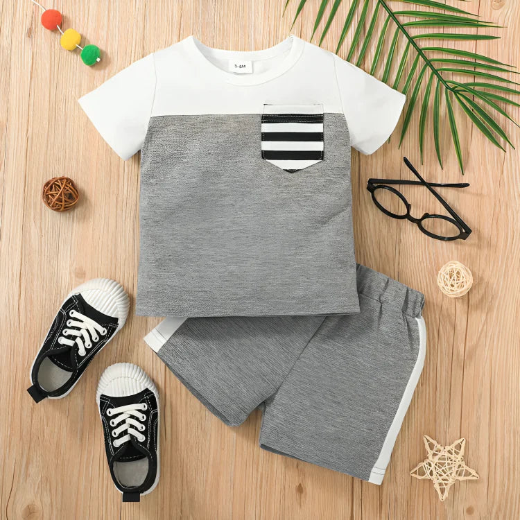 Grey And White Pocket Style Kids Short Sleeve Kids Wear