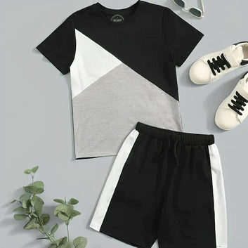 Black Panel T-Shirt Shorts Set X Maroon Panel T-Shirt Shorts Set X Black Light Green And White Panel-Shirt Shorts Set