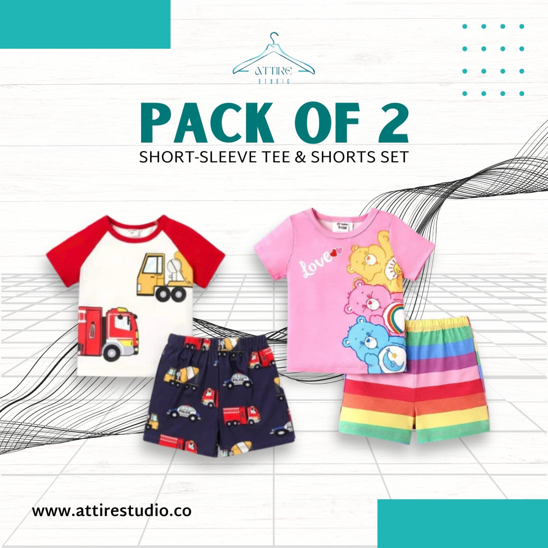 Red Truck Printed Kids Short Sleeve Kids Wear X Pink Love Bear Print Short-Sleeve Tee & Shorts Set