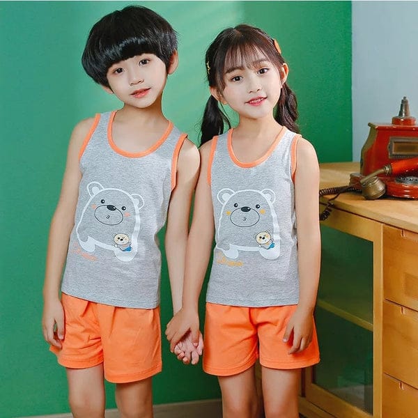 Grey and Orange with teddy bear Printed Short Sleeve Kids Wear.