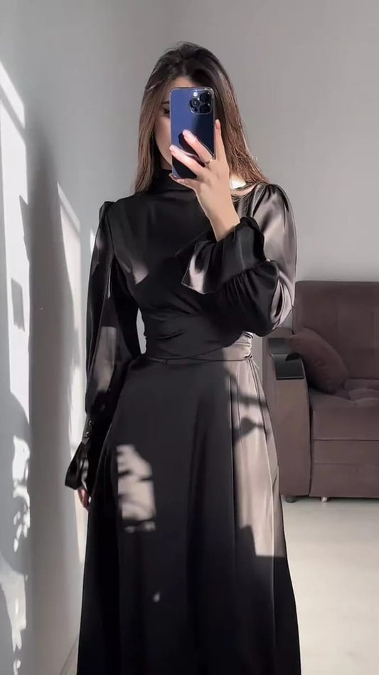 Attire Studio - Black Satin Dress with Round Collar & Belted Cuffs (025)