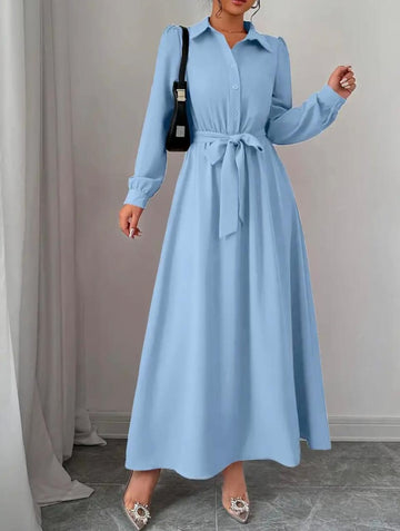 Attire Studio - Sky Blue Shirt Dress with Collar and Belt (017)