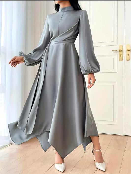 Attire Studio - Silver Satin Midi Dress with Zigzag Hem & Front Knot Belt (026)