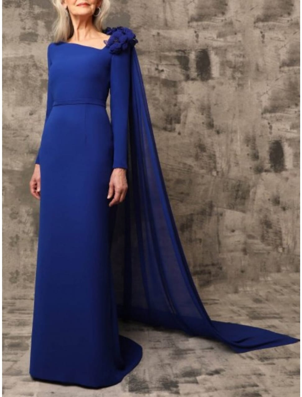 Attire Studio - Royal Blue Satin Dress with Floral Shoulder Bunch (012)