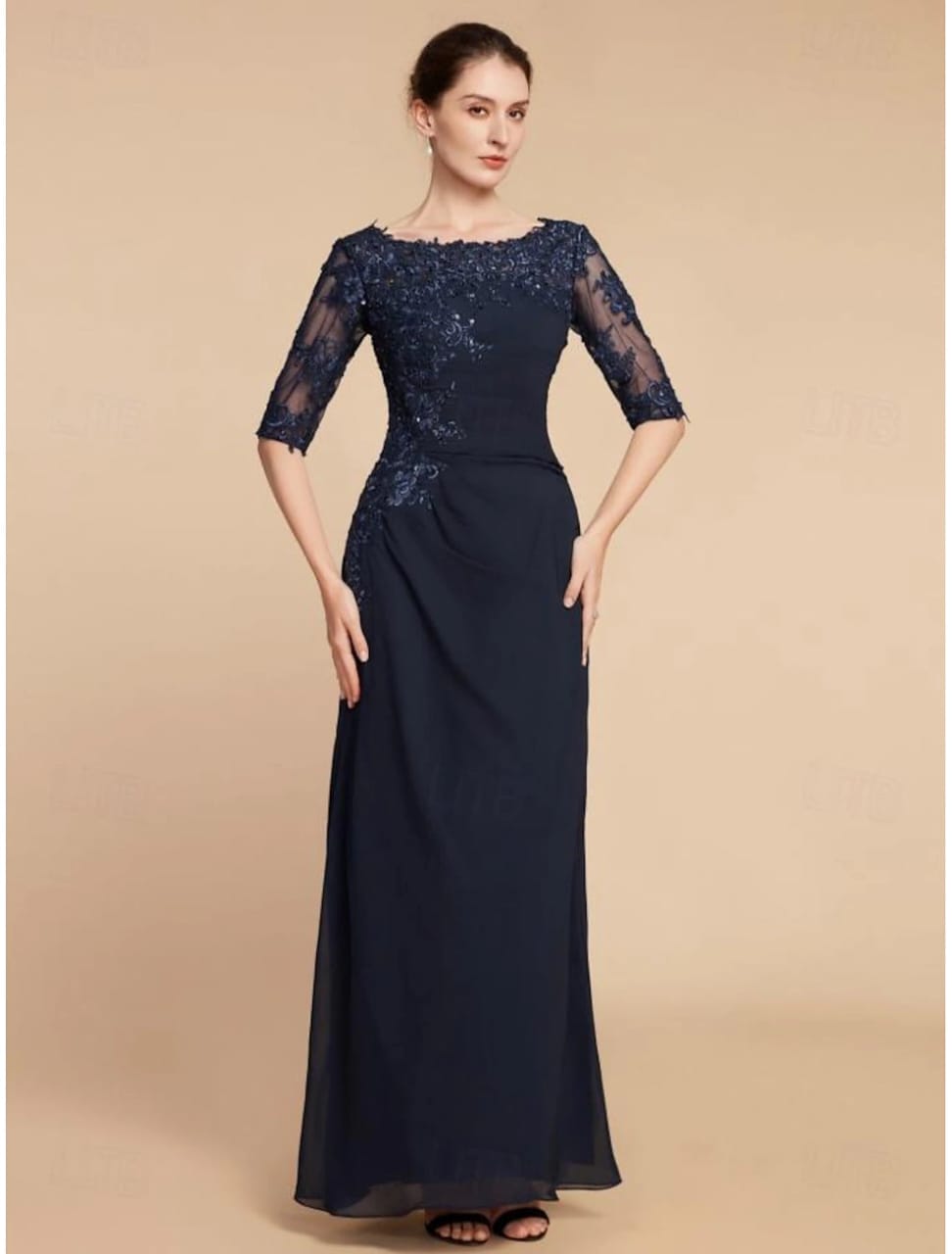 Attire Studio - Black Satin Dress with Navy Blue Net Bunch Detail (013)