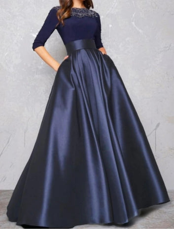 Attire Studio - Navy Blue Velvet and Satin Dress with Stone Bunch Detail (014)