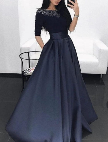 Attire Studio - Navy Blue Velvet and Satin Dress with Stone Bunch Detail (014)