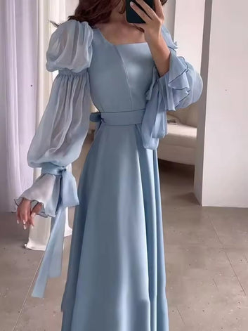 Attire Studio - Sky Blue Satin Dress with Floral Net Sleeves & Belt Details (015)