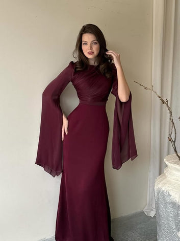 Attire Studio - Maroon Georgette Dress with Cut-Style Sleeves (022)