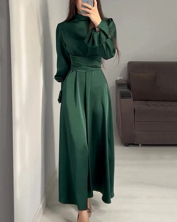 Attire Studio - Green Satin Dress with Round Collar &amp; Belted Cuffs (028)