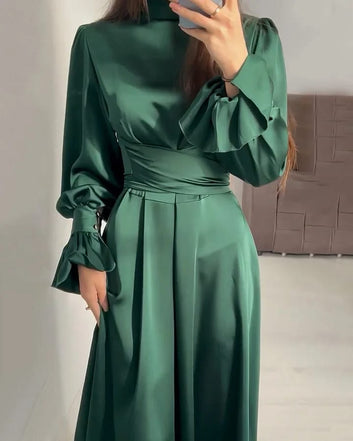 Attire Studio - Green Satin Dress with Round Collar & Belted Cuffs (028)