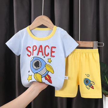 Sky Blue Rocket Printed Kids Short Sleeve Kids Wear