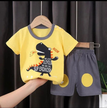 Yellow Boom Dino X Blue Green Printed Kids Short Sleeve Kids Wear