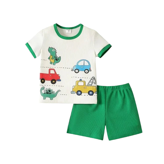 Green White Trucks Printed Kids Short Sleeve Kids Wear