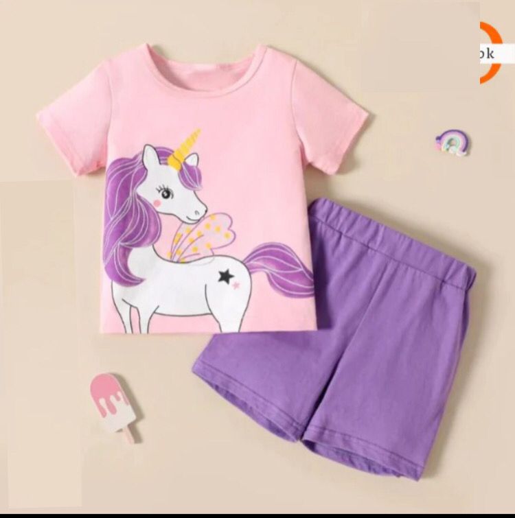 Pink Purple Unicorn Print Short-sleeve Tee & Shorts Set