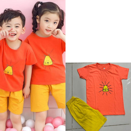 Orange With Yellow Cat Printed Short Sleeve Kids Wear.