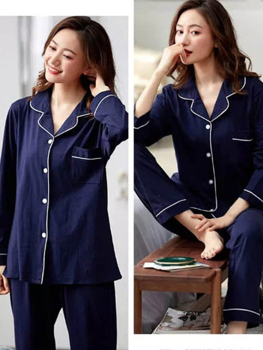 Blue Silk Night Suit Turn Down Collar Long Sleeves