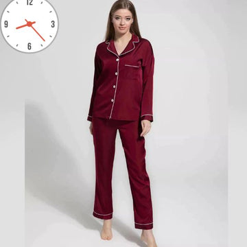 Silky Maroon Silk Night Suit Turn Down Collar Long Sleeves