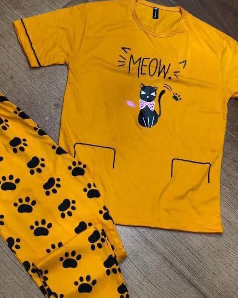 YELLOW MEOW PRINTED NIGHT WEAR