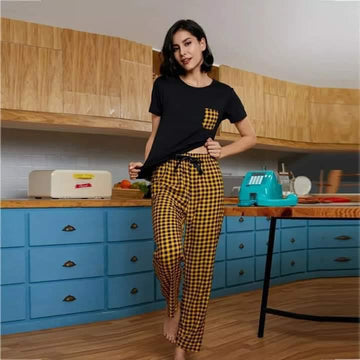 BLACK YELLOW CHECK POCKET PRINTED Lounge  WEAR