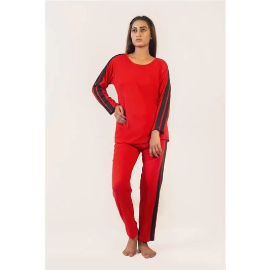 Red tracksuit with black stripe